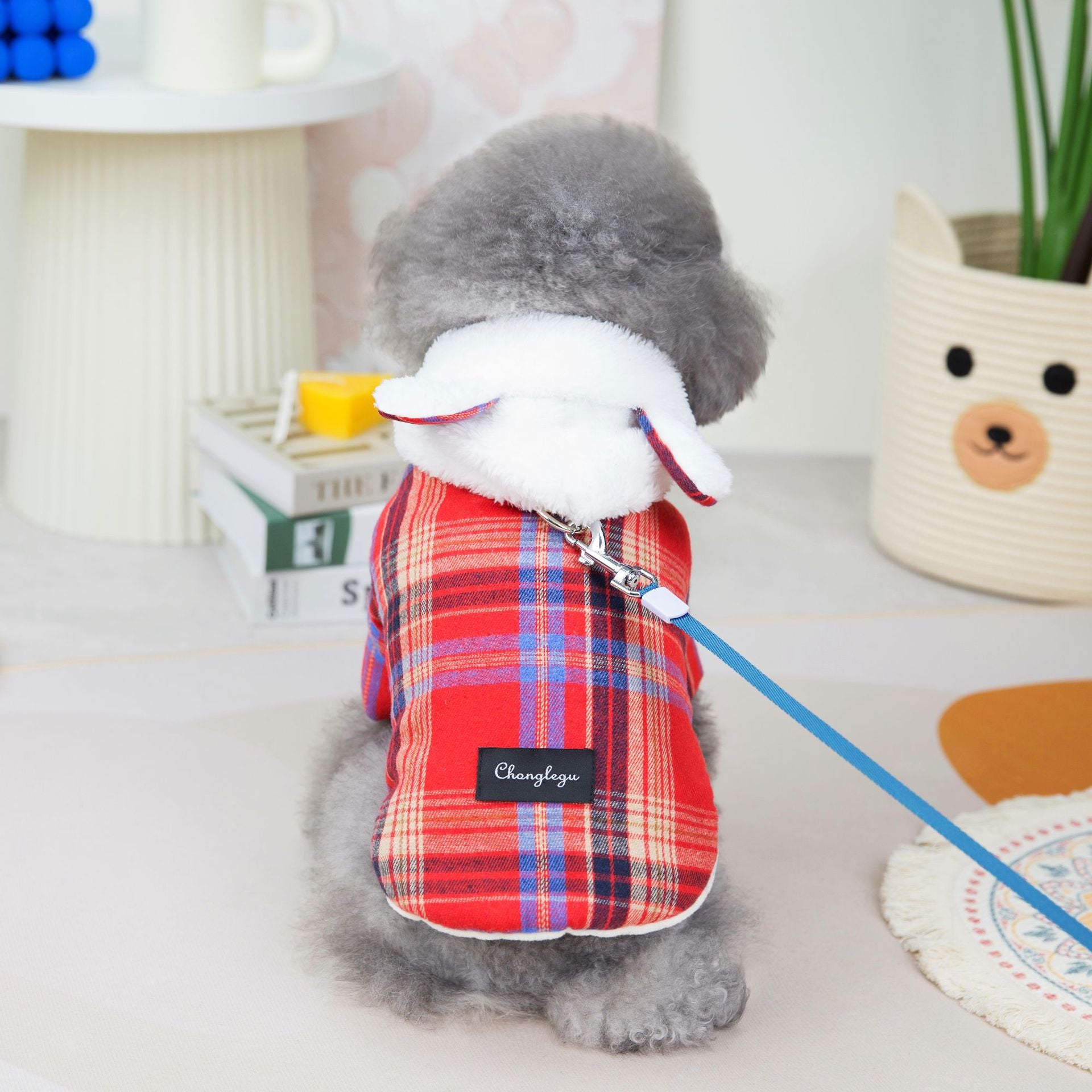 Plaid Pattern Ear Hooded Dog Cat Harness Jacket