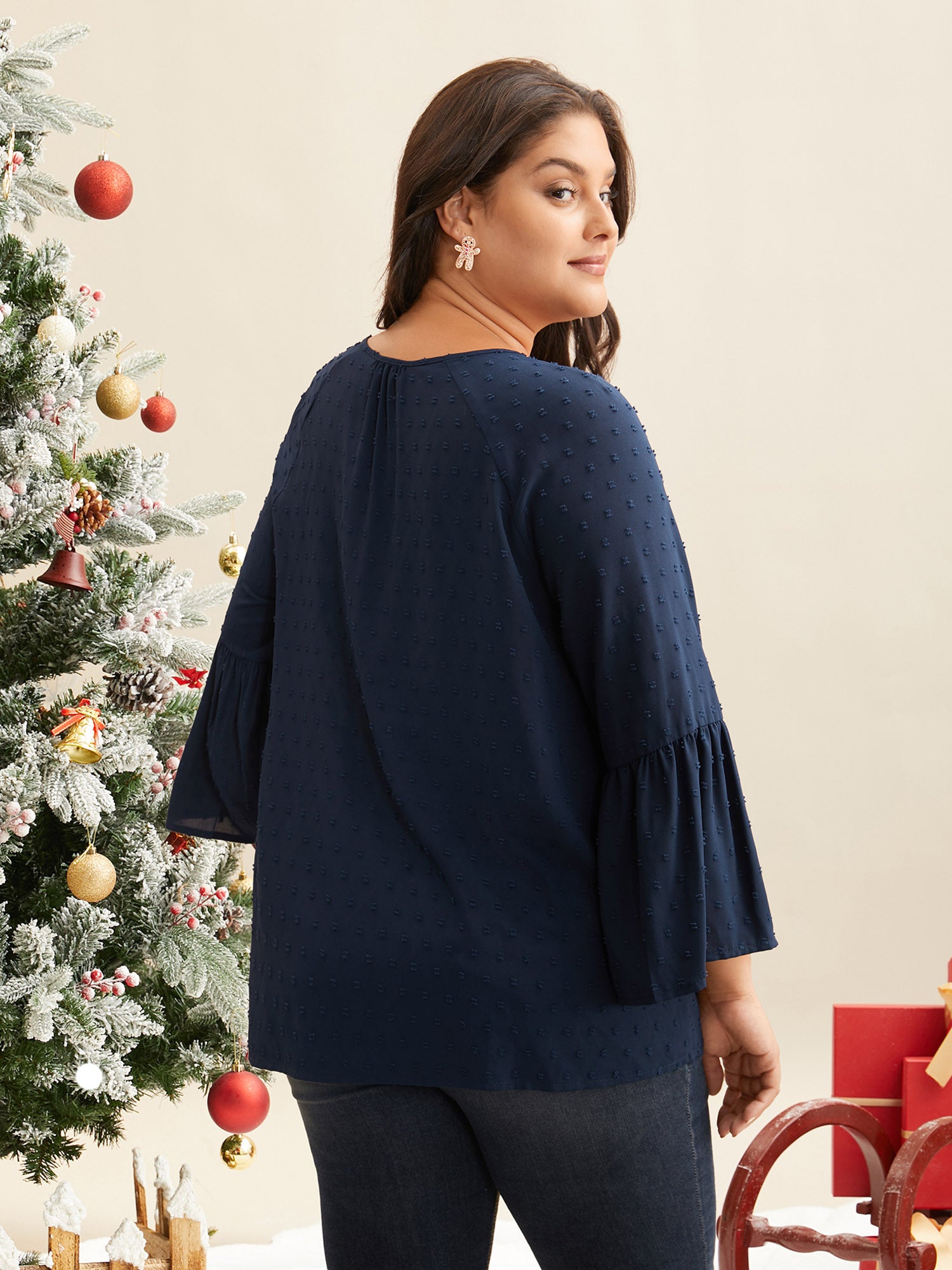 Textured  Embroidered Neckline A-Line Blouse