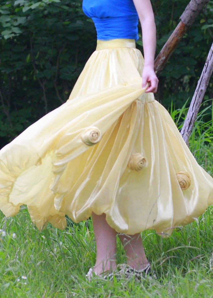 Yellow Zippered Solid Silk Skirts High Waist Summer