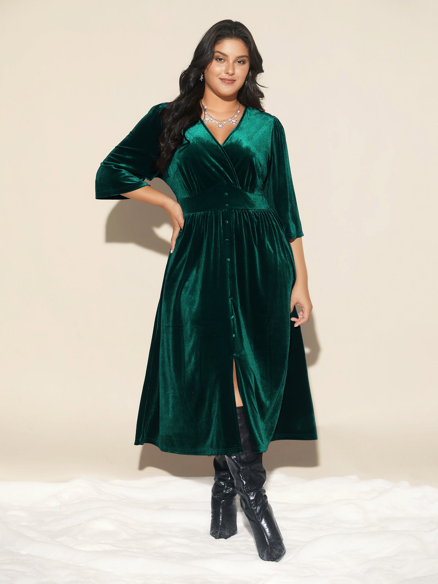 Velvet Ruched Surplice Neckline Midi Dress