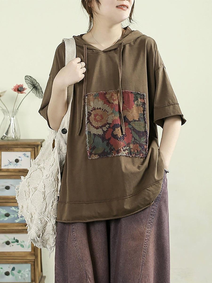 Women Summer Retro Flower Patch 100%Cotton Hooded Shirt