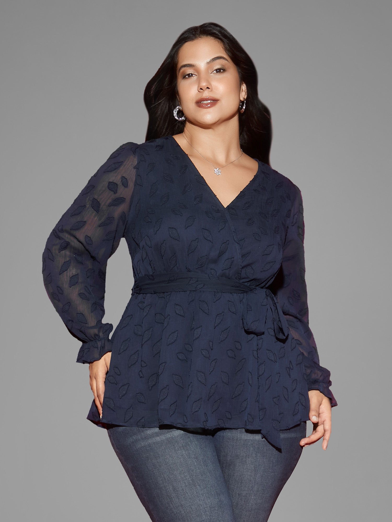 Burn-out Fabric Surplice Neckline Shirt