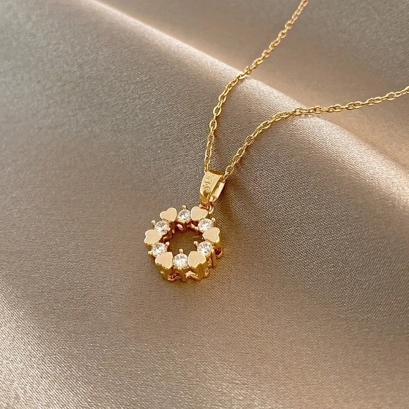 Elegant Minimalist Geometric Titanium Steel Plating Inlay Artificial Pearls Shell Zircon Necklace