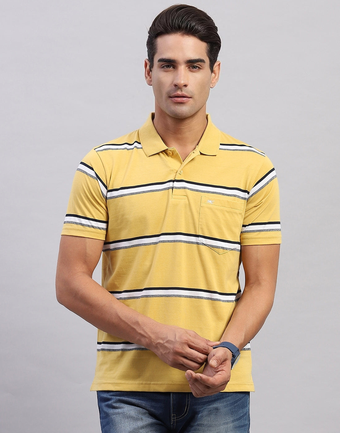 Men Yellow Stripe Polo Collar Half Sleeve T-Shirt