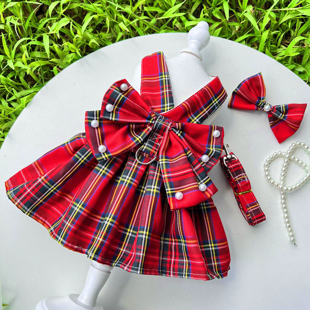 Pearl Decor Plaid Dog Harness Dress&Leash