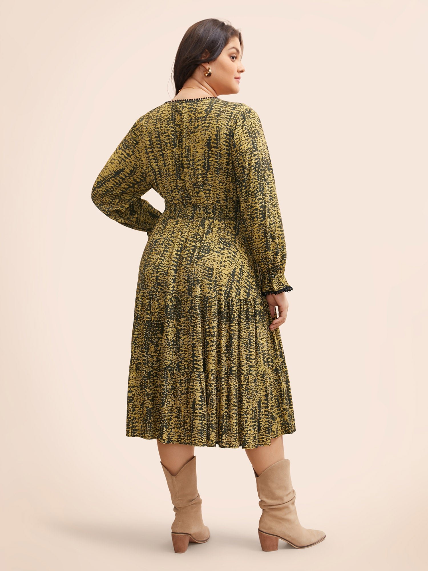 Geometric Print Pompom Trim Ruffles Dress