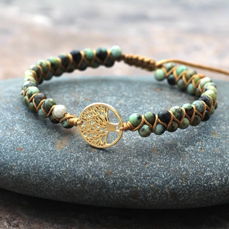 4mm Natural Stone Bracelet for Women African Turquoise Gemstone Bracelet Handwoven Tree of Life Crystal Bracelet