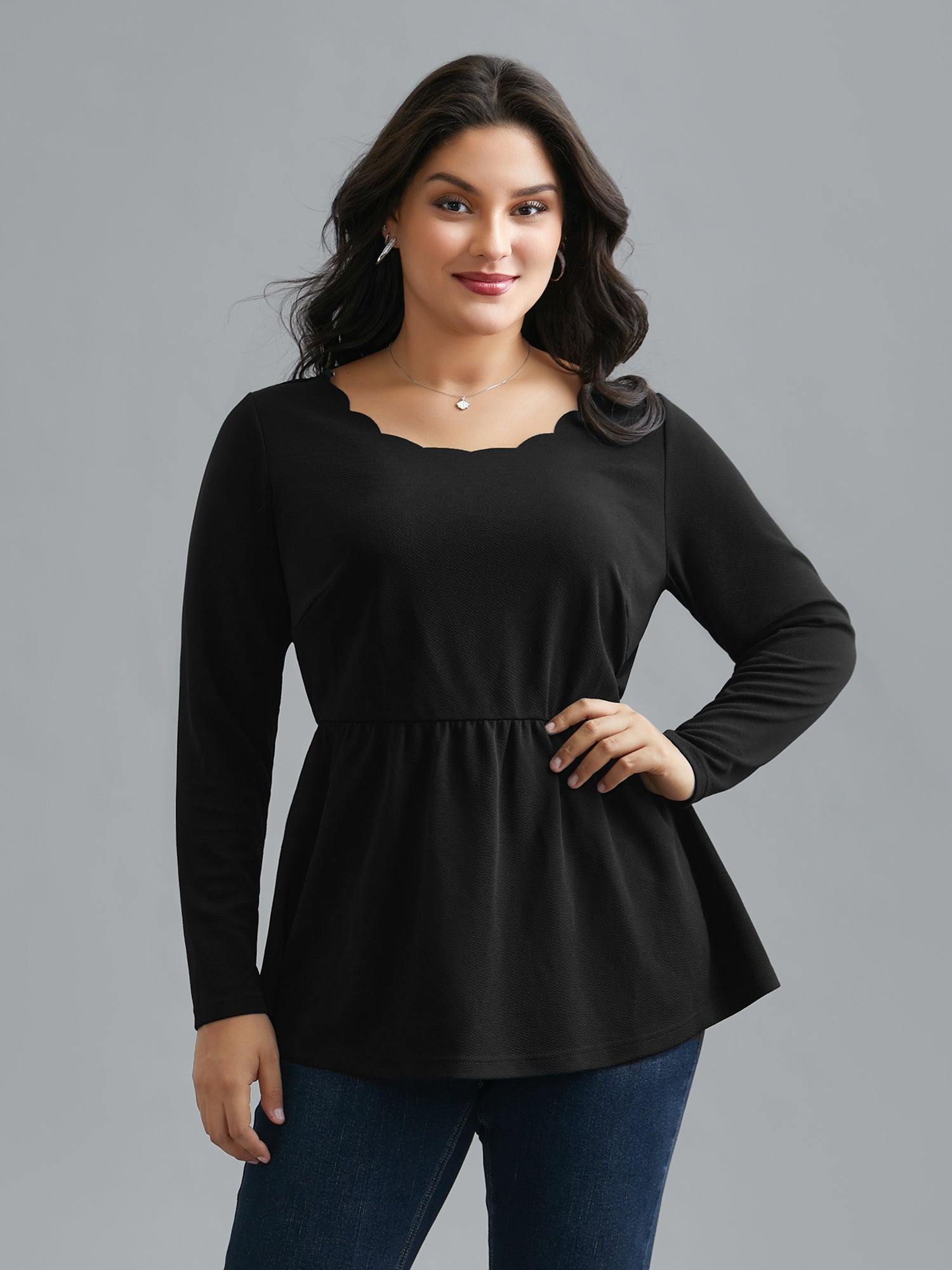 Scalloped Neck Elastic Waist Knit Top