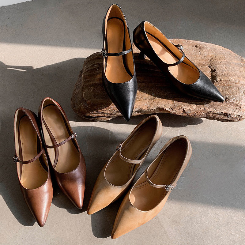 Elegant Mary Jane Pumps Pointed Toe 65mm Stiletto Leather Heels for Evening Dresses in Black/Brown/Apricot