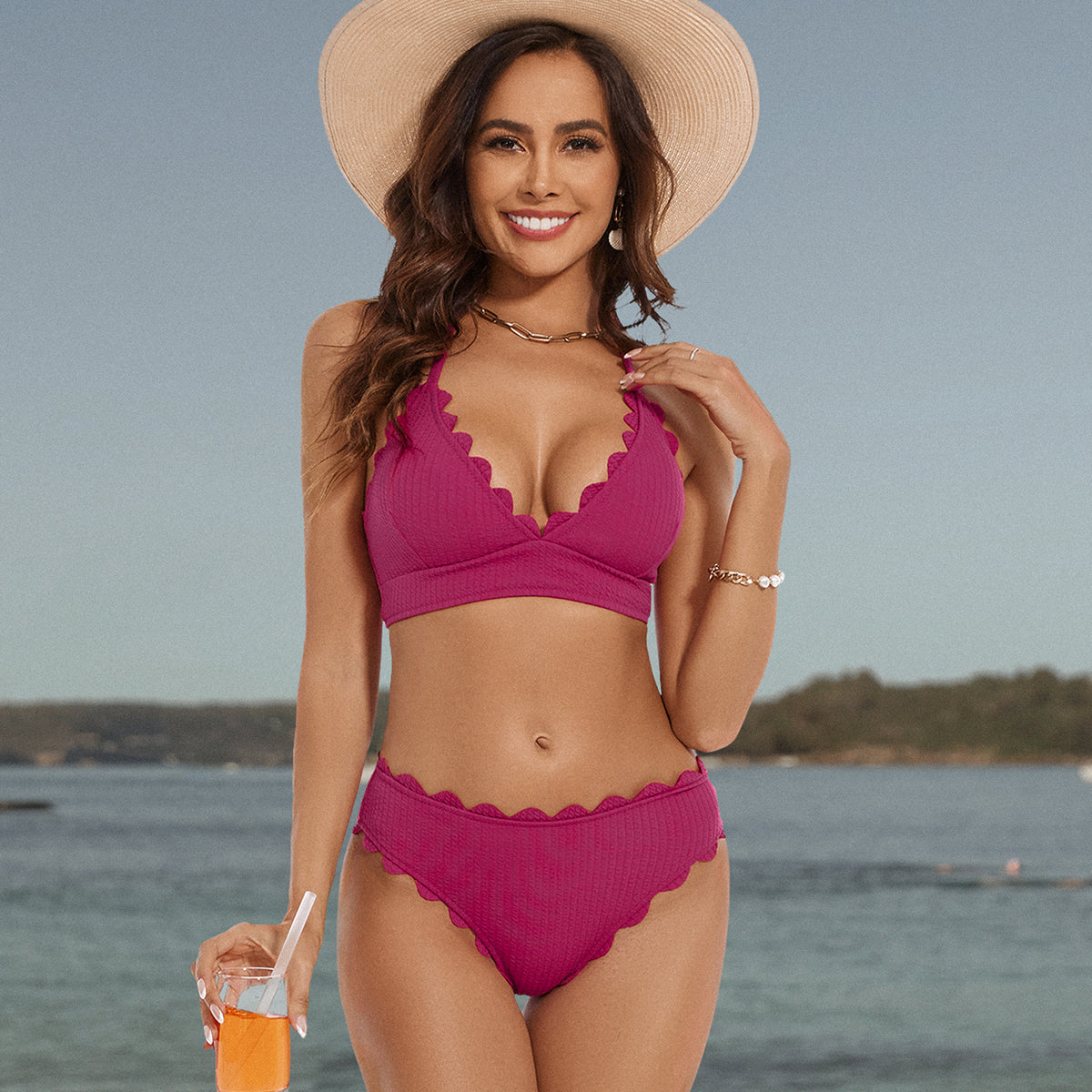 Scalloped Hem V Neck Solid Bikini Set