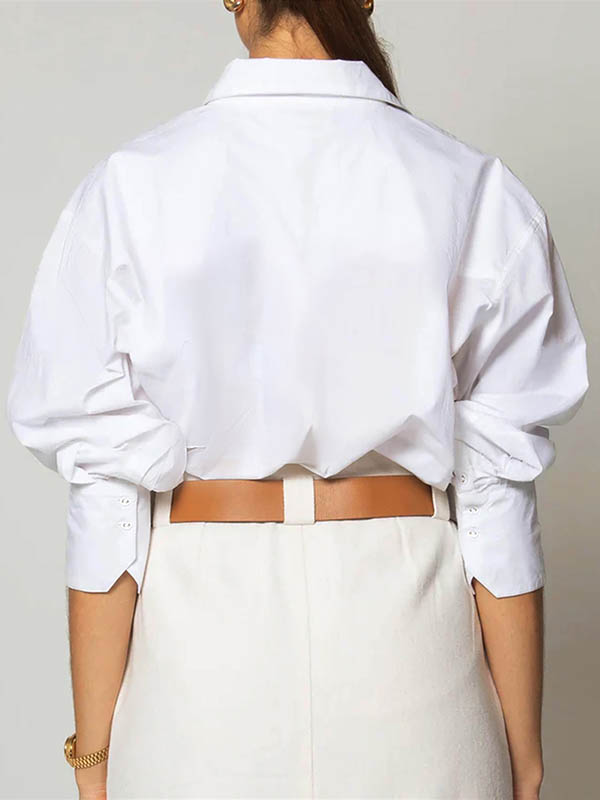 Long Sleeves Loose Buttoned Pockets Solid Color Lapel Blouses&Shirts Tops