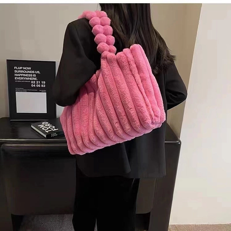 Autumn And Winter New Fashion Plush Shoulder Bag Personality Simple Corduroy Tote Bag Large Capacity Furry Handbag