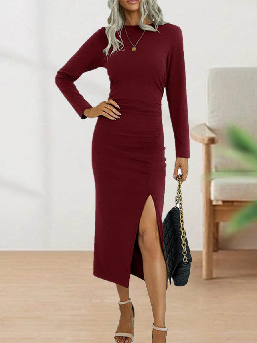 Sweet Elegant Solid Fold O Neck Sheath Dresses(4 Colors)