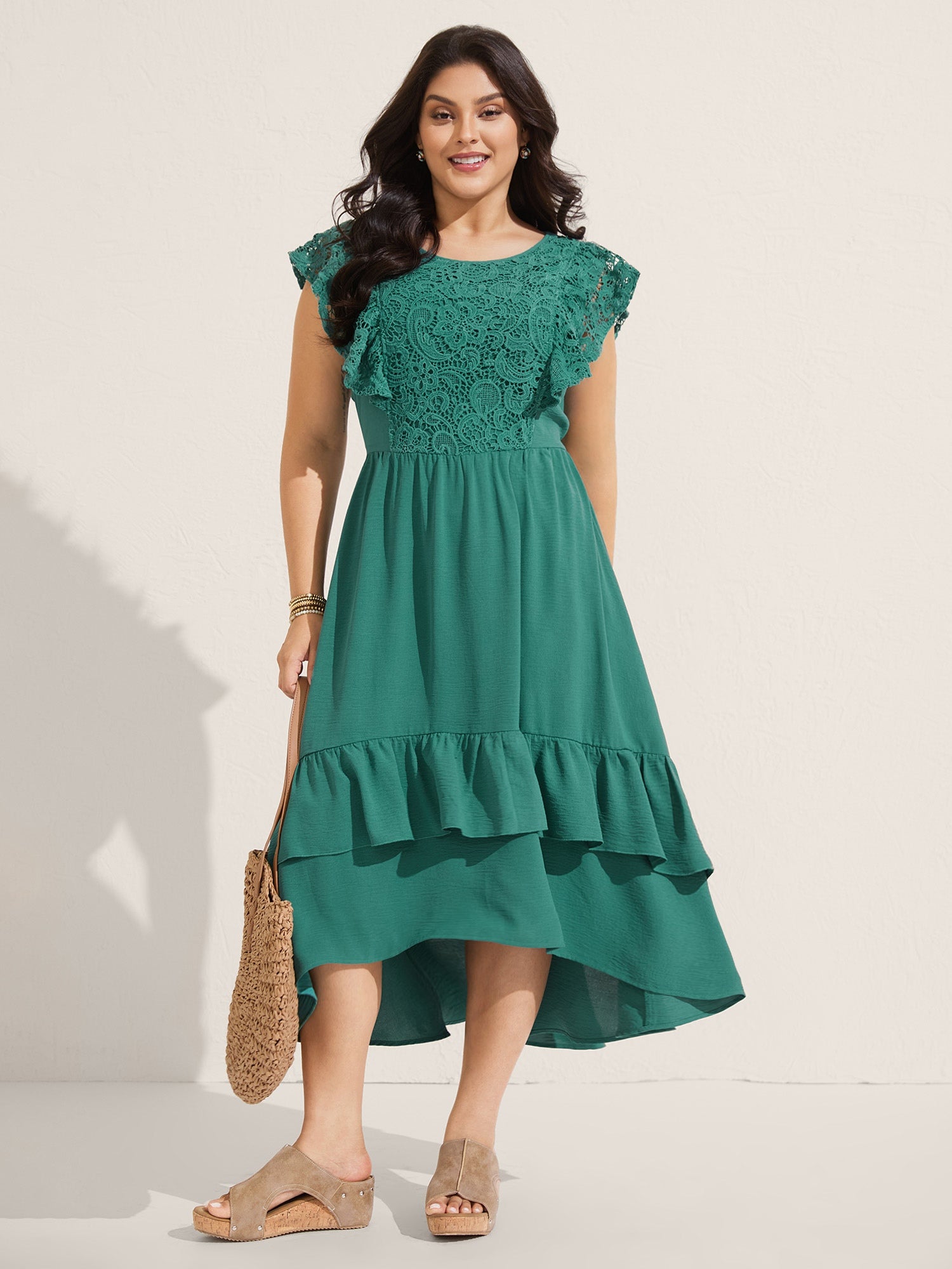 Lace Pleated Ruffled Sleeve Midi Dress
