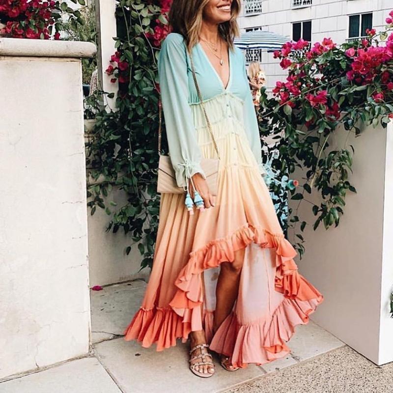 Boho Dress for Women|Bohemian Dress|Midi Boho Dress| Rainbow HIGH LOW DRESS  V-neck Ruffle Trim Summer Dresses Holiday Long Boho Dress Women|Wedding Guest Dress