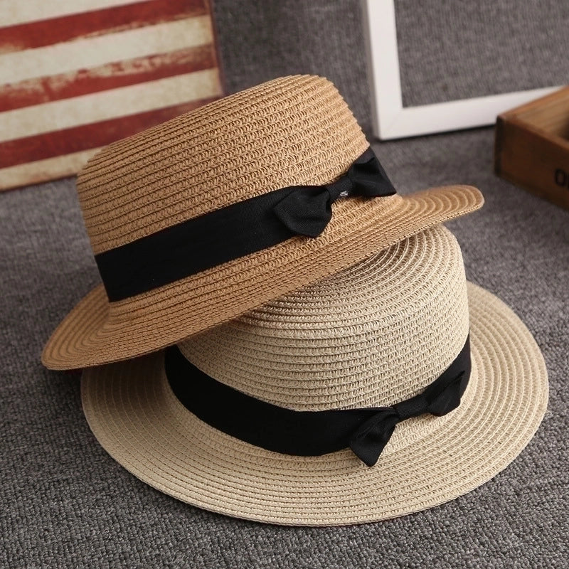 Straw Hat Female Summer British Retro Flat Top Beach Travel Hat
