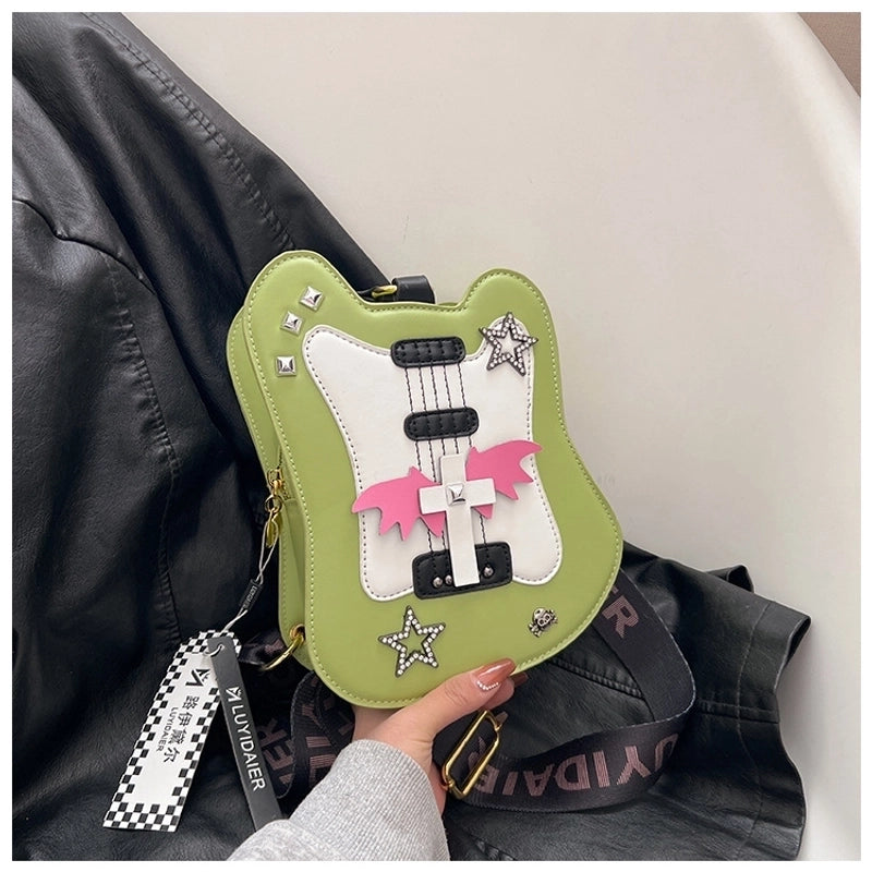 Women's Medium Pu Leather Star Wings Streetwear Guitar Type Zipper Crossbody Bag