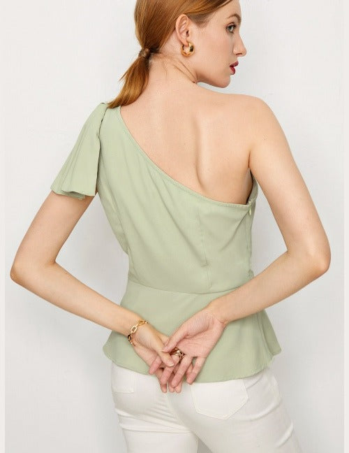 Exaggerate Bow Detail One Shoulder Peplum Top(Clearance Sale)