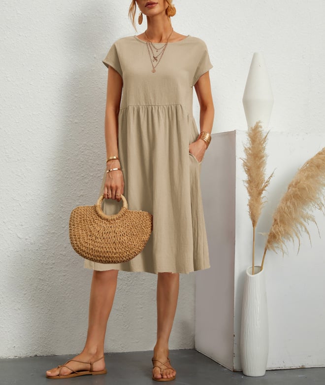 Solid Color Short Sleeve Loose Cotton Linen Pocket Midi Dress