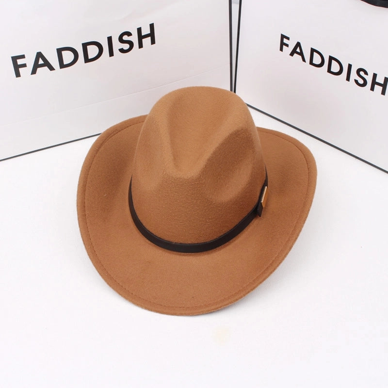 Autumn And Winter Woolen Western Cowboy Hat Retro Versatile Black Big Brim British Jazz Top Hat Stage Performance Props