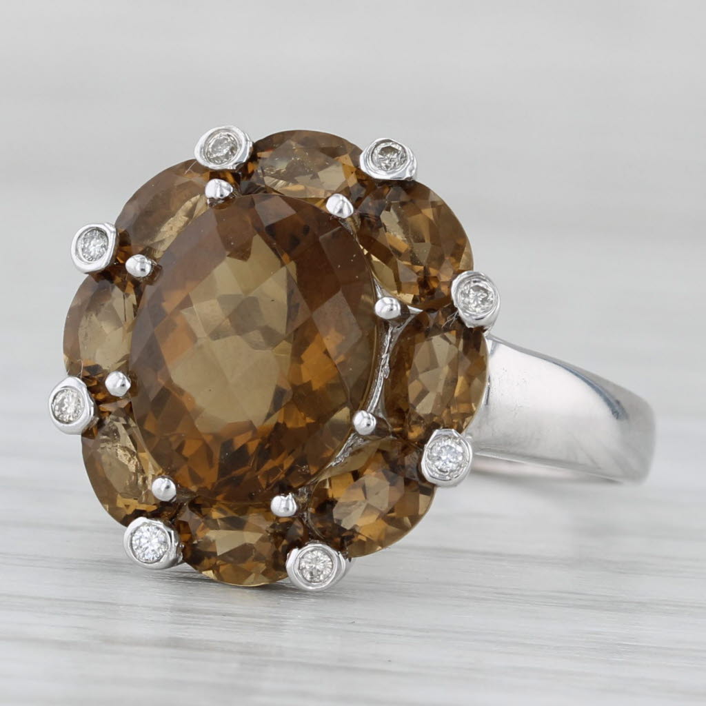 5.87ctw Brown Citrine Flower Diamond Ring 14k White Gold Cocktail Size 9.25