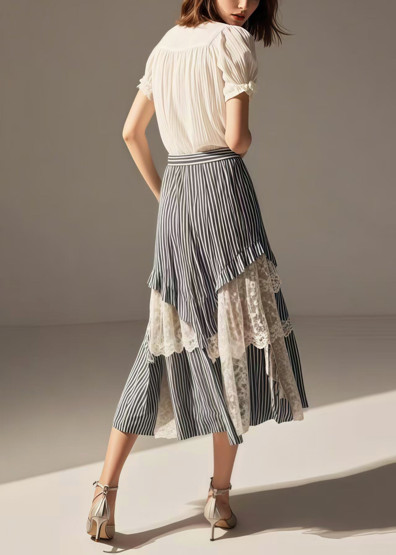 Women Blue Striped Asymmetrical Patchwork Lace Skirts Summer