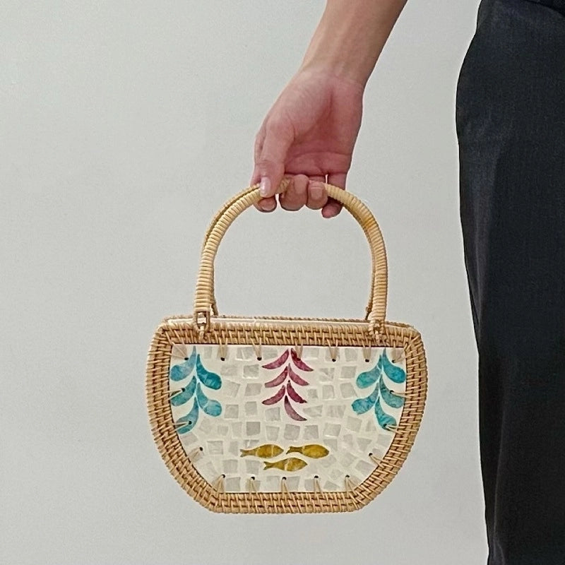 Women's Medium Straw Flower Vintage Style Beach Weave String Straw Bag