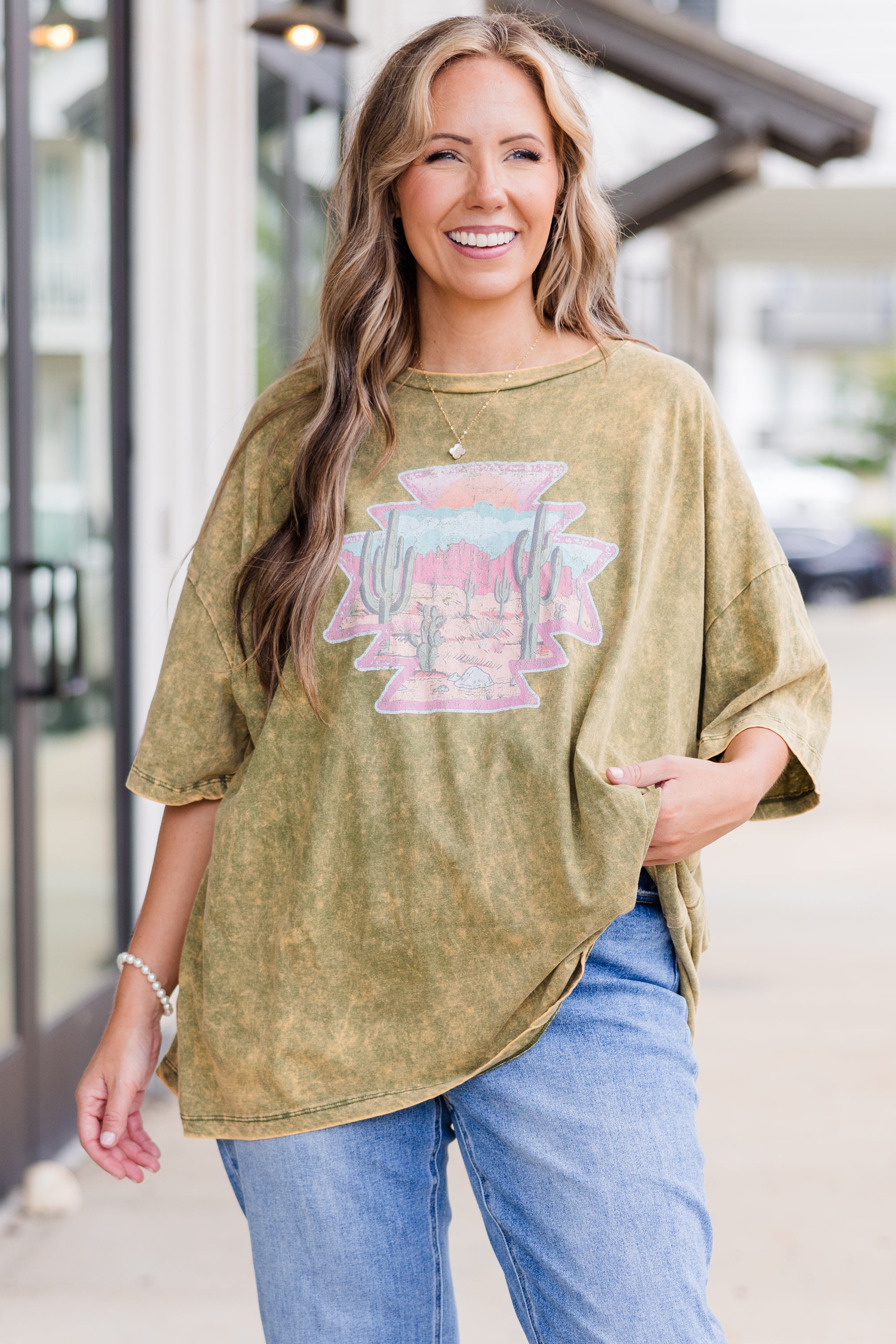 Wild Out Here Acid Wash Boyfriend Tee. Golden Olive