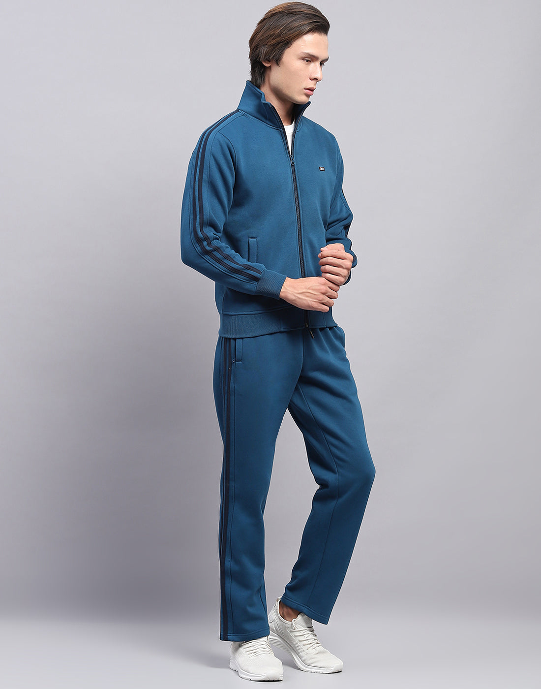 Men Blue Solid Mock Neck Full Sleeve Winter Tracksuit