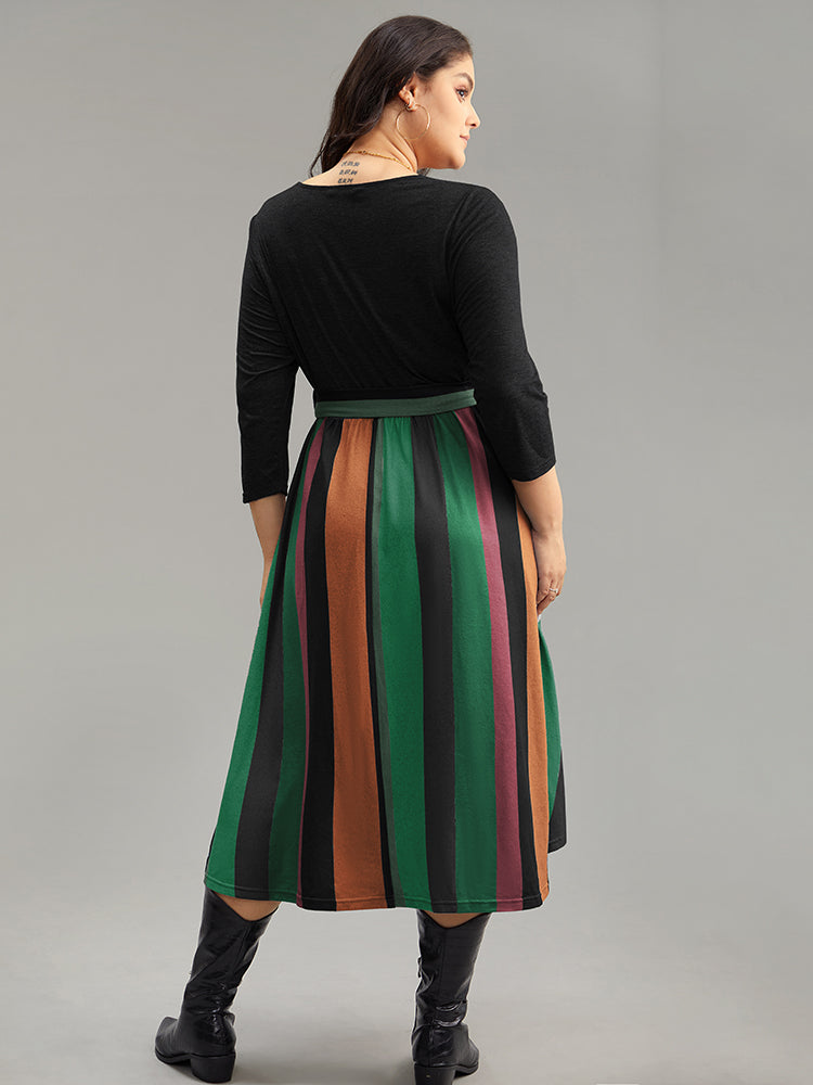 Striped Contrast Patchwork Belted Dress