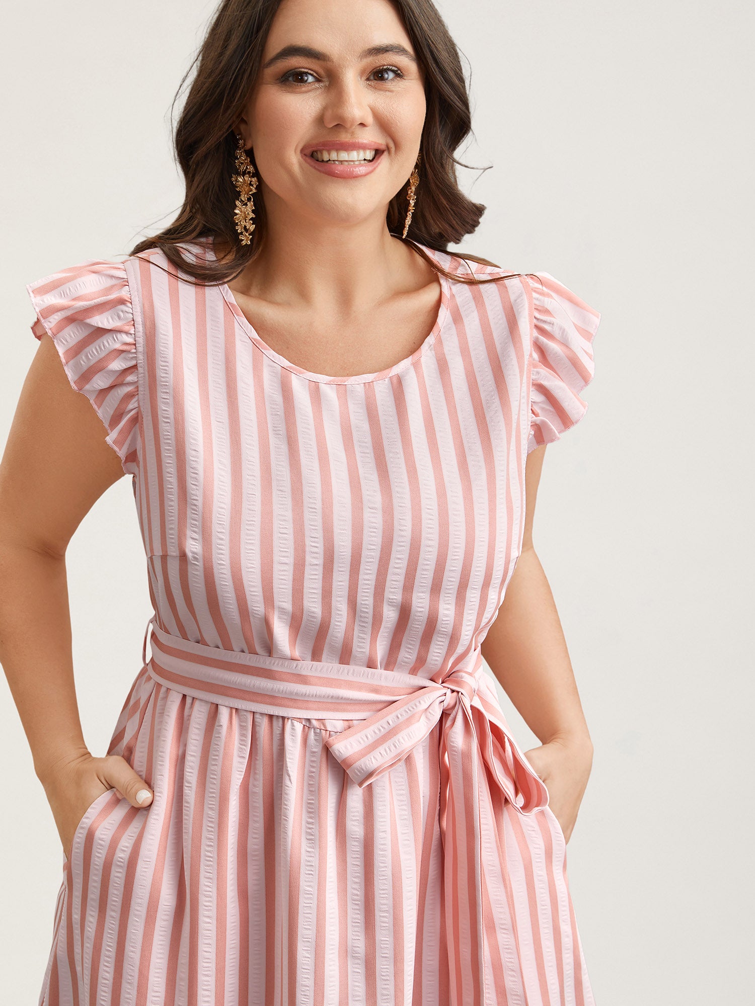 Pastel Stripes Belted Pockets Midi Dress