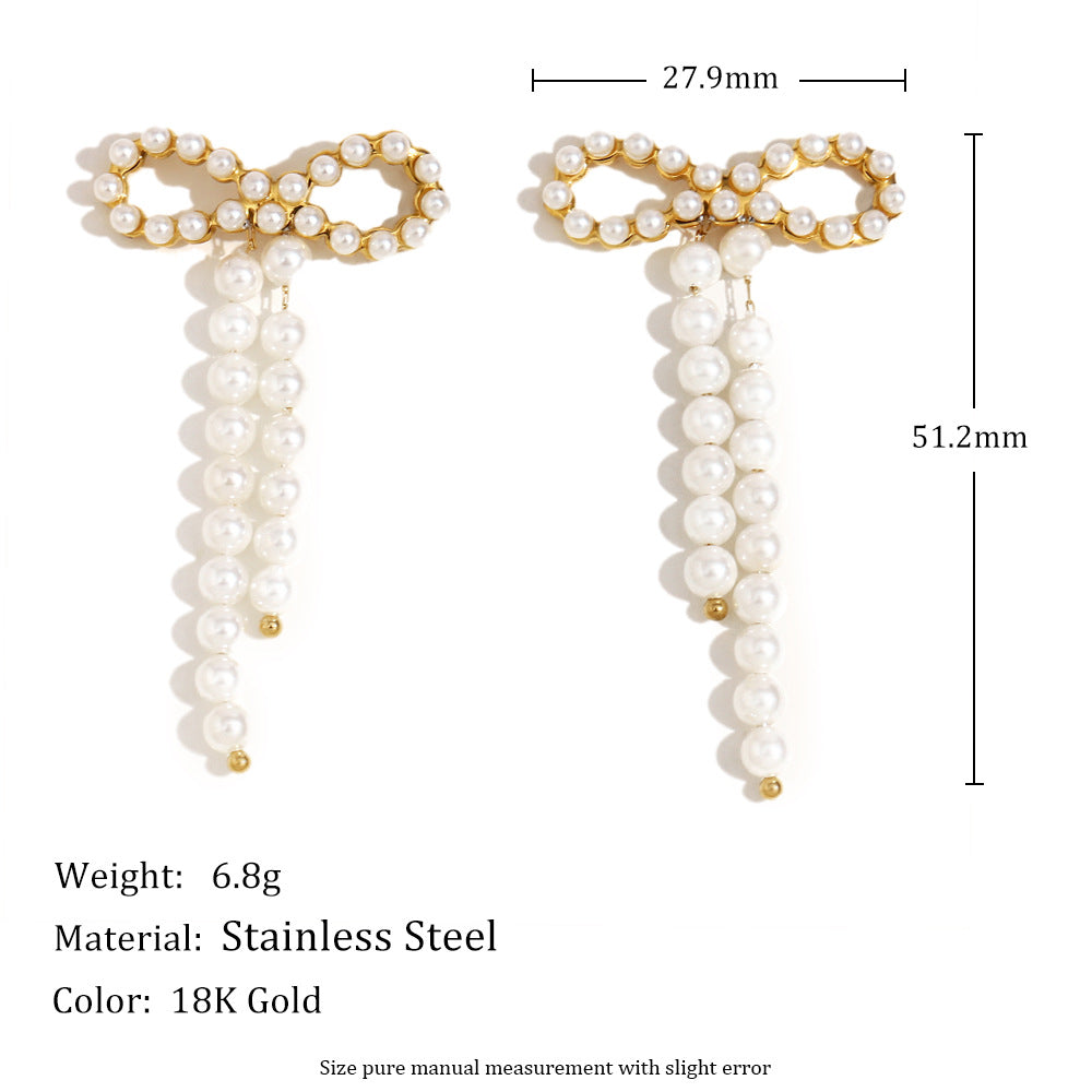 Vintage Stainless Steel 18K Gold Plated O-Shaped Hollow Pumpkin Trapezoidal Pearl Bow Earrings For Women