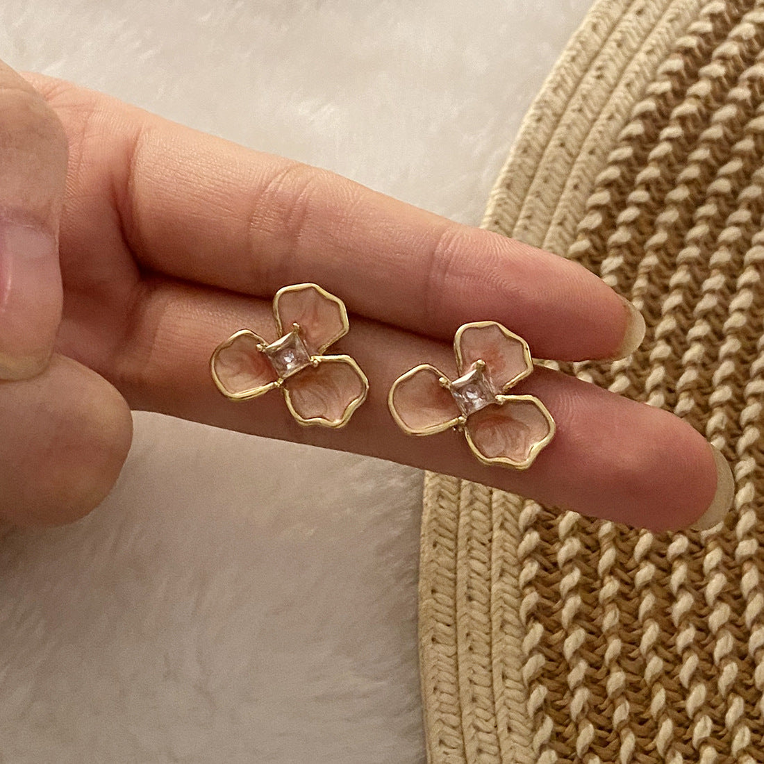 Vintage Retro Petal Flower Stainless Steel Oil Dripping Stud Earrings
