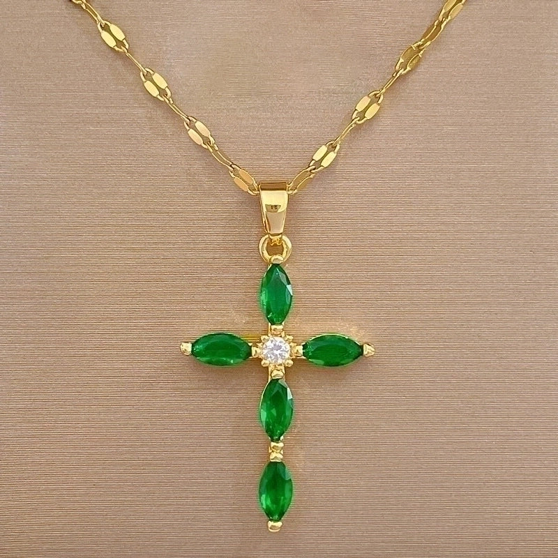 Minimalist Cross Stainless Steel Copper Inlay Zircon Pendant Necklace