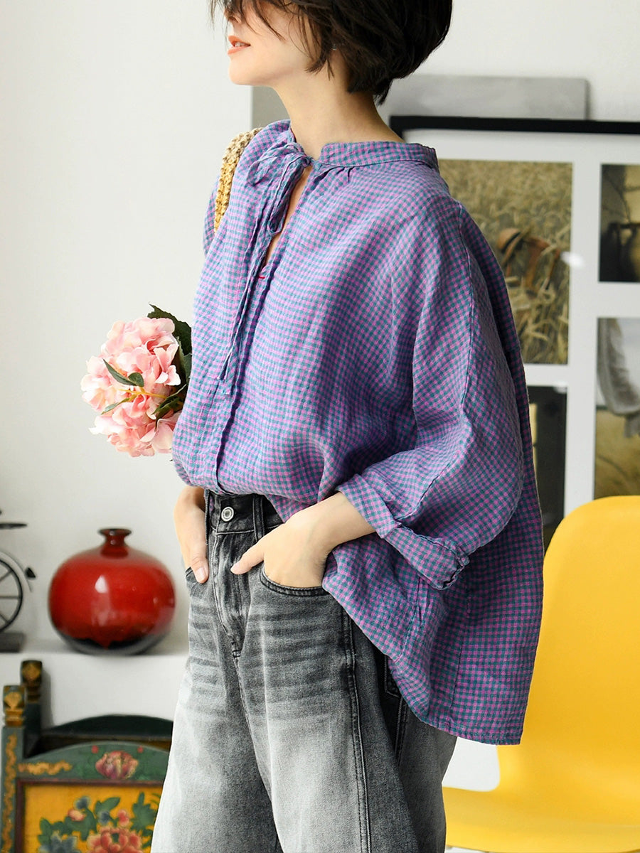 Women Summer Retro Plaid 100%Linen V-Neck Shirt