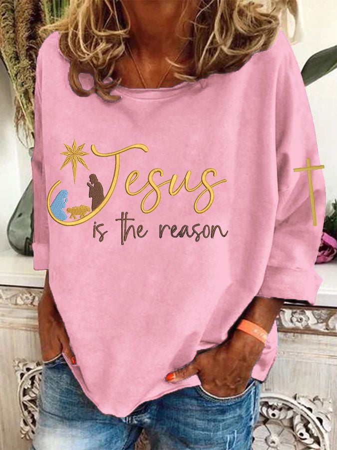 Women's Christmas Religious Jesus Is The Reason Cross Print T-Shirt