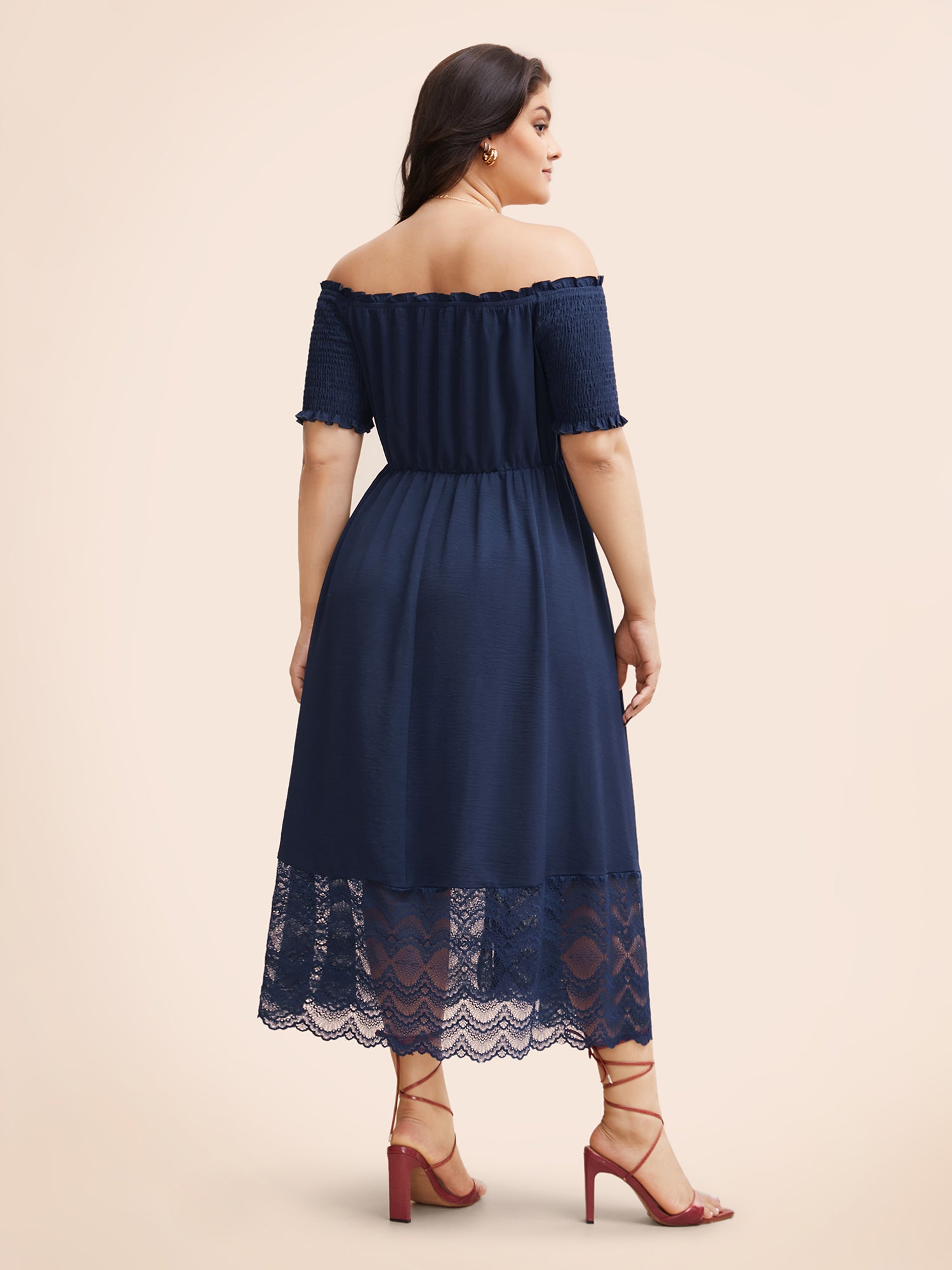 Off Shoulder Shirred Lace Patchwork Dress