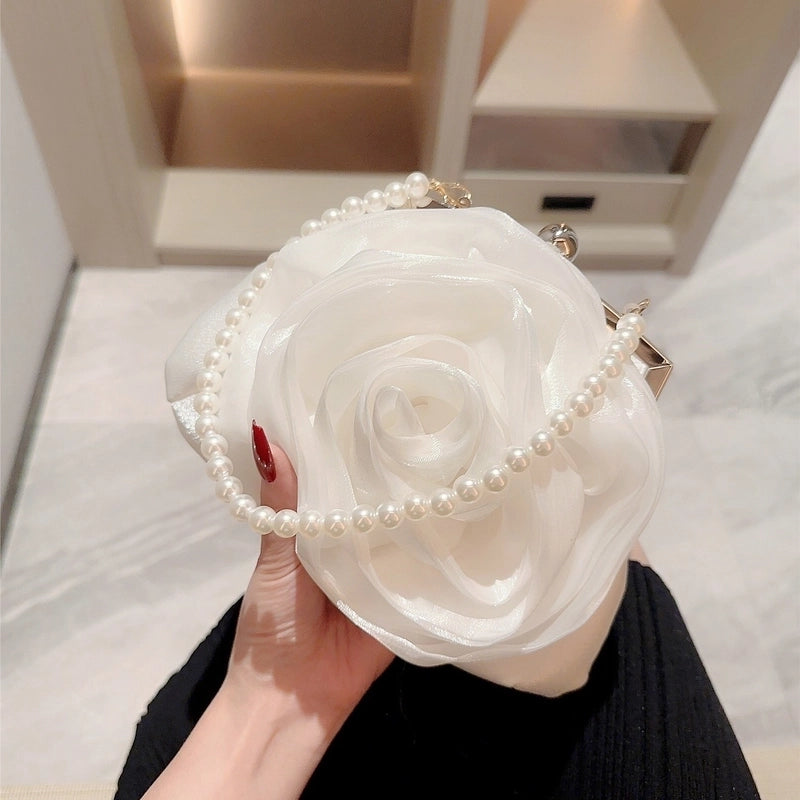 White Polyester Solid Color Flower Beading Round Evening Bags