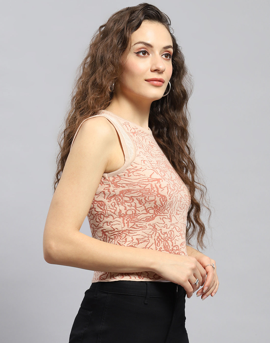 Women Pink Printed Round Neck Sleeveless Top