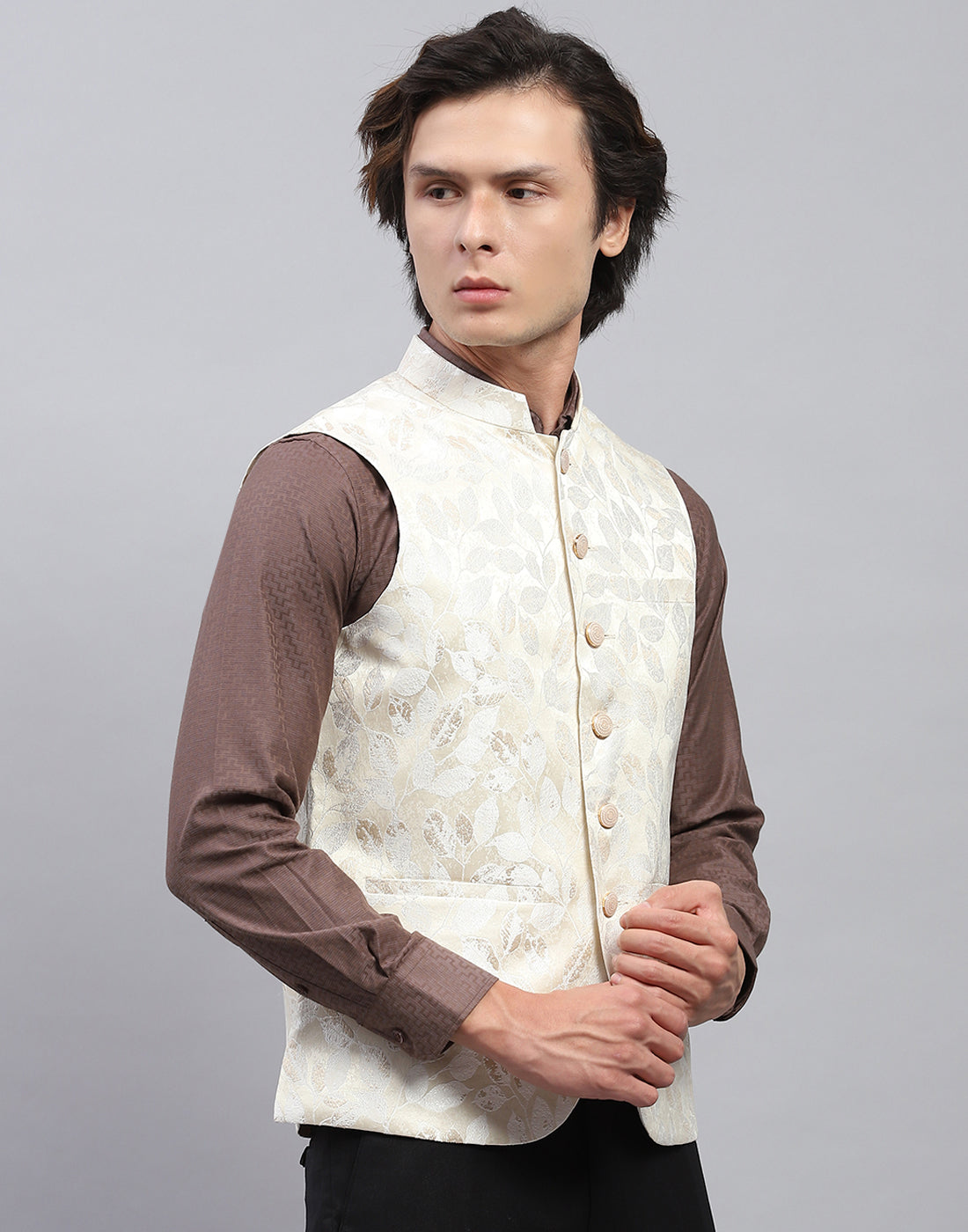 Men Cream Floral Print Band Collar Sleeveless Nehru Jacket