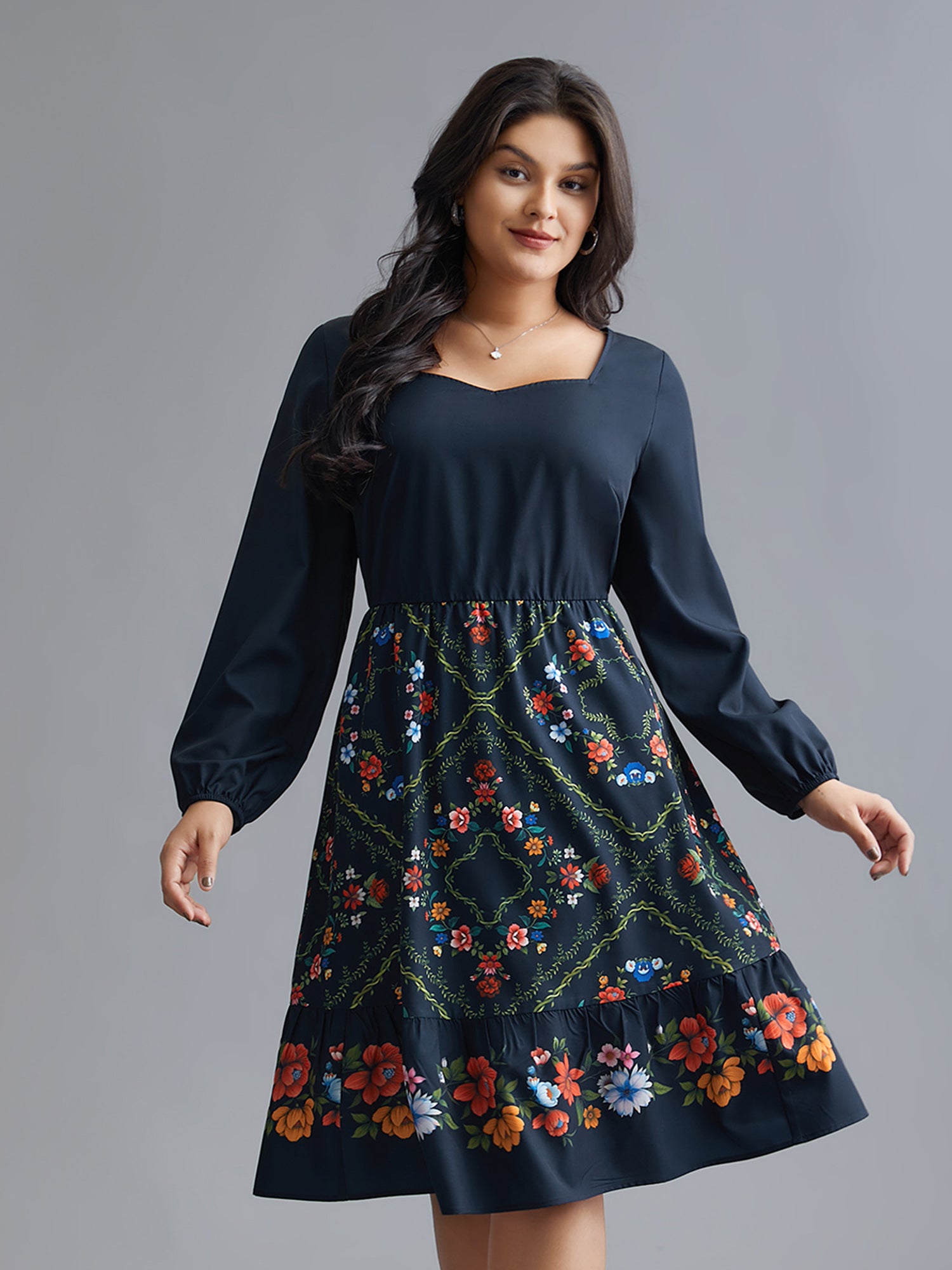 Floral Printed Heart neckline Lantern Sleeve Dress