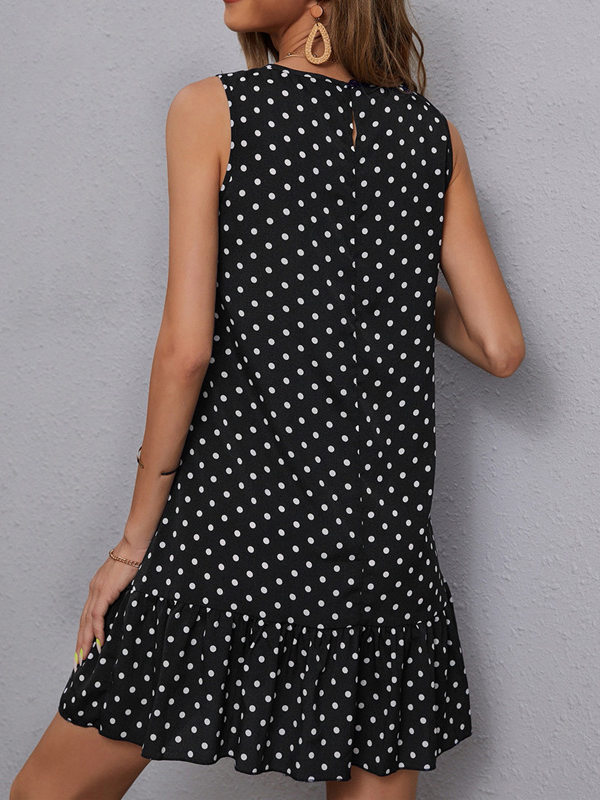 A-Line High Waisted Pleated Polka-Dot Split-Joint Round-Neck Mini Dresses