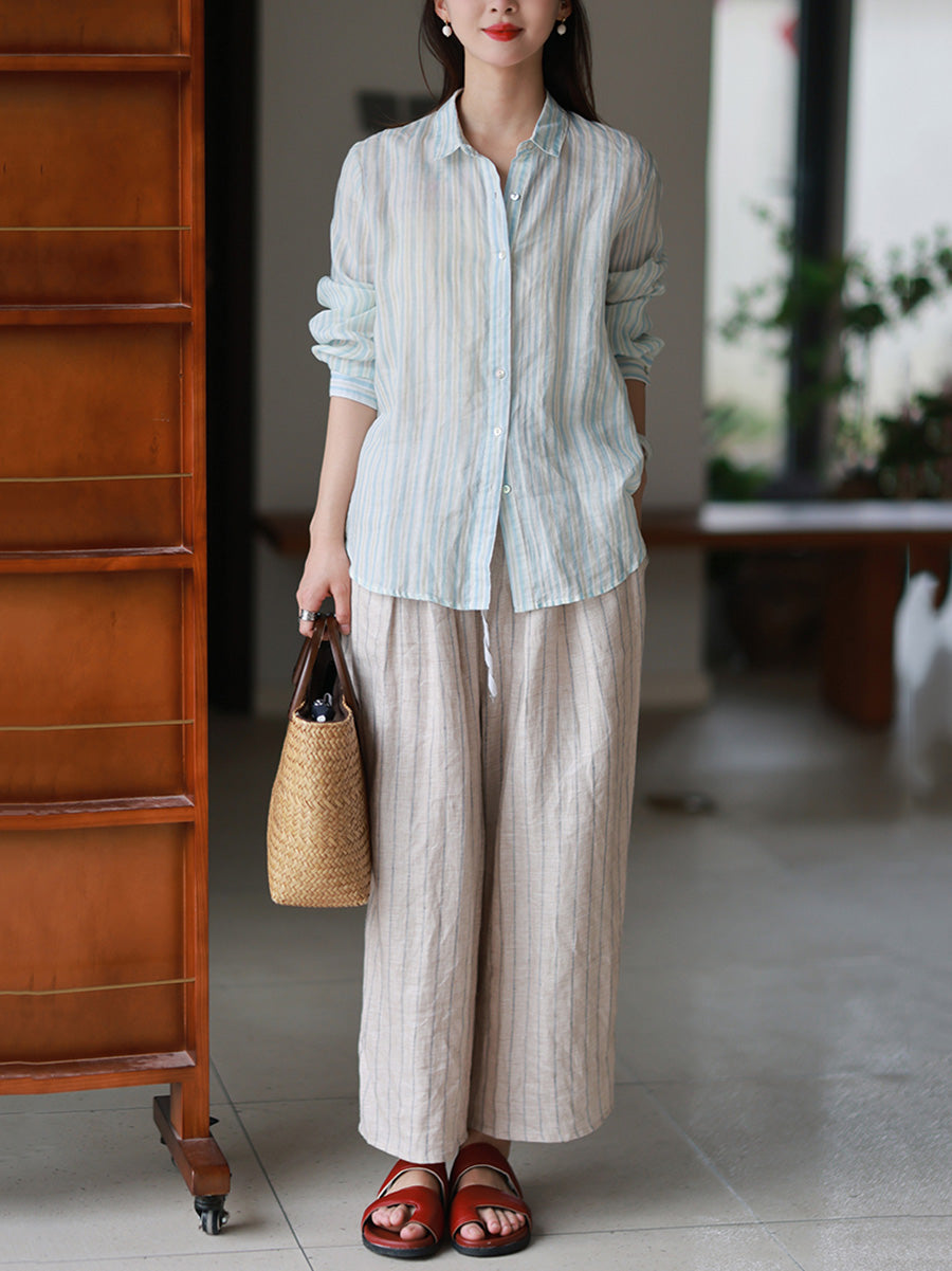 Women Summer Artsy Stripe Turn-down Collar 100%Ramie Shirt