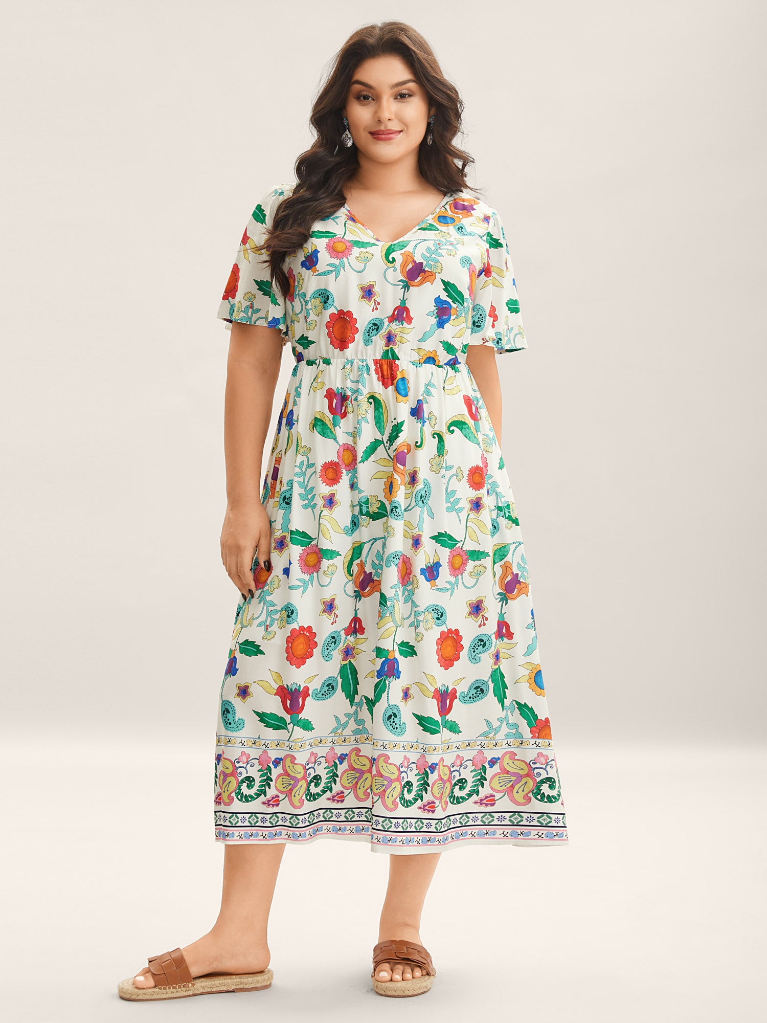 Sunkissed Floral V-Neck Pockets Midi Dress