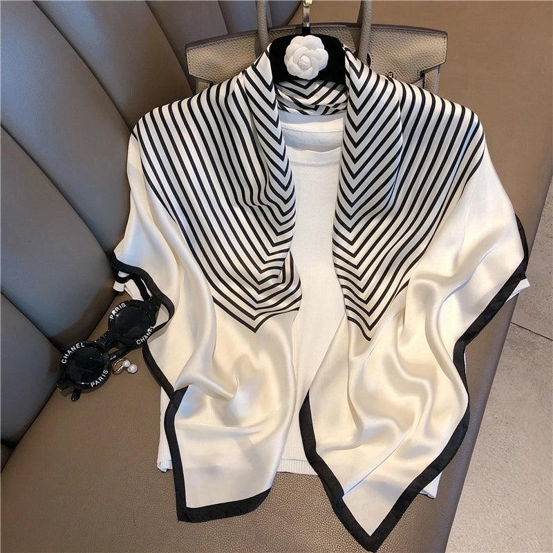 Women's IG Style Elegant Stripe Flower Chains Print Satin Printing Silk Scarf