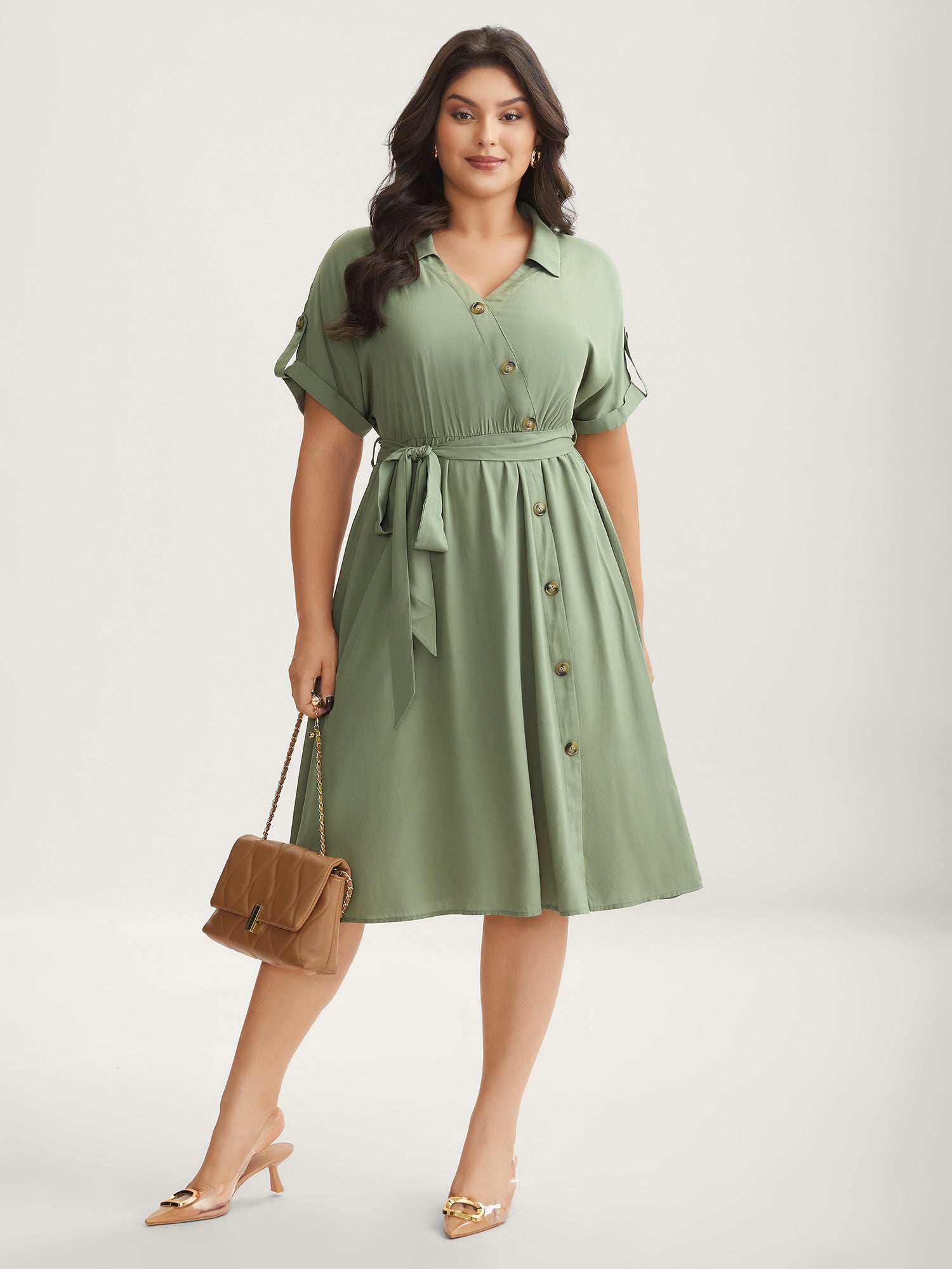 Rayon Button Detail Belted Pockets Midi Dress