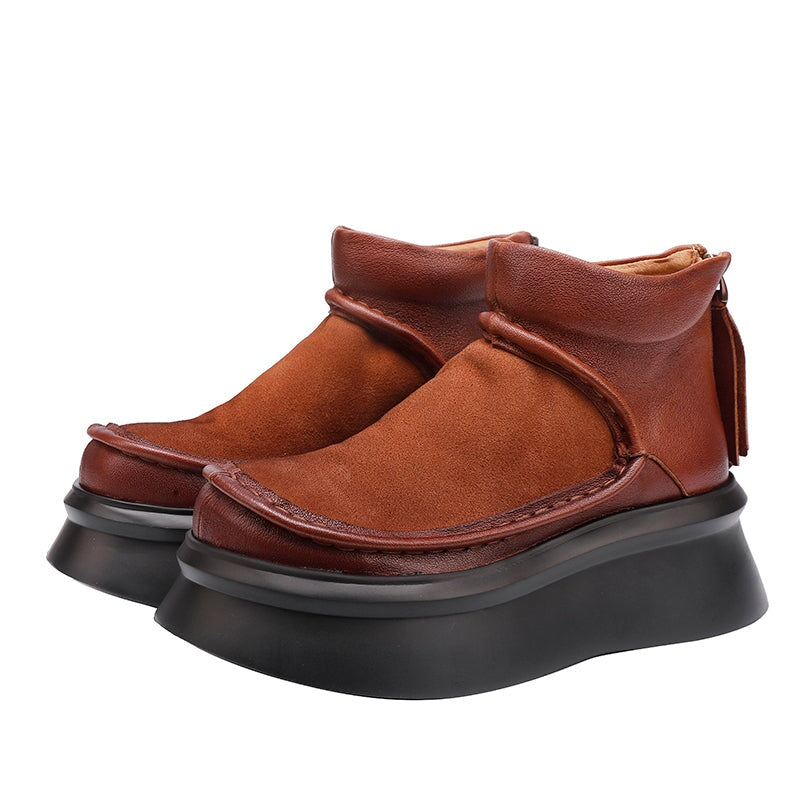 Retro Genuine Leather Platform Short Boots For Women Round Toe in Black/Brown