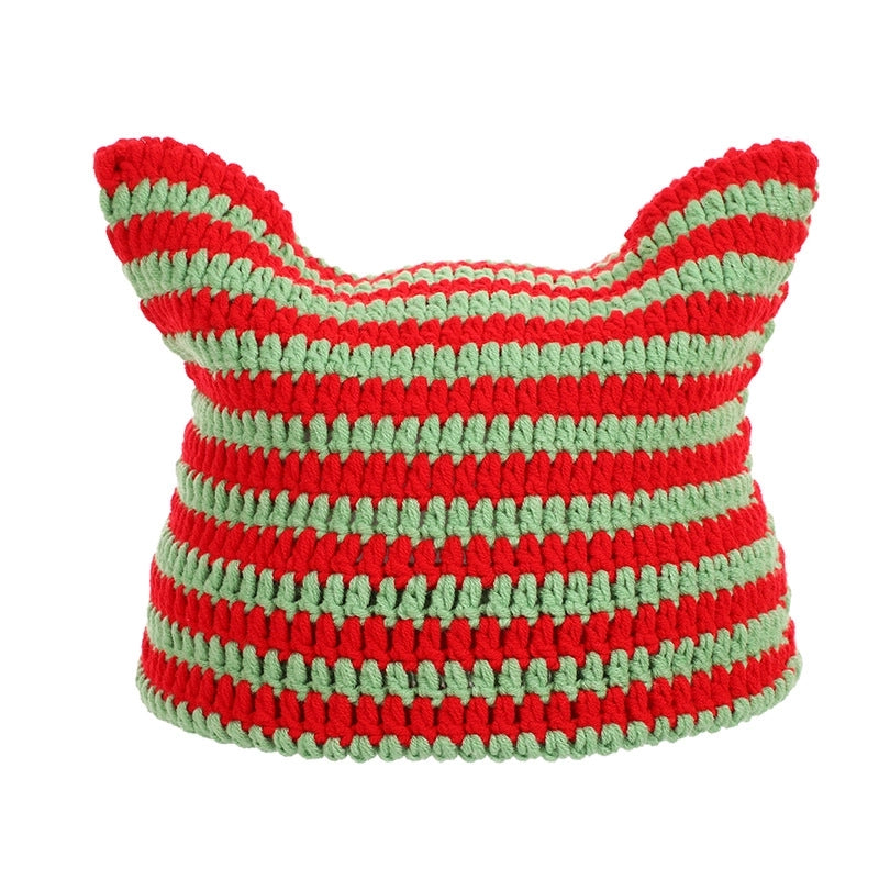 Autumn And Winter Wool Hat Japanese Sweet Little Devil Handmade Striped Hat Female Cat Ear Hat Warm Knitted Hat