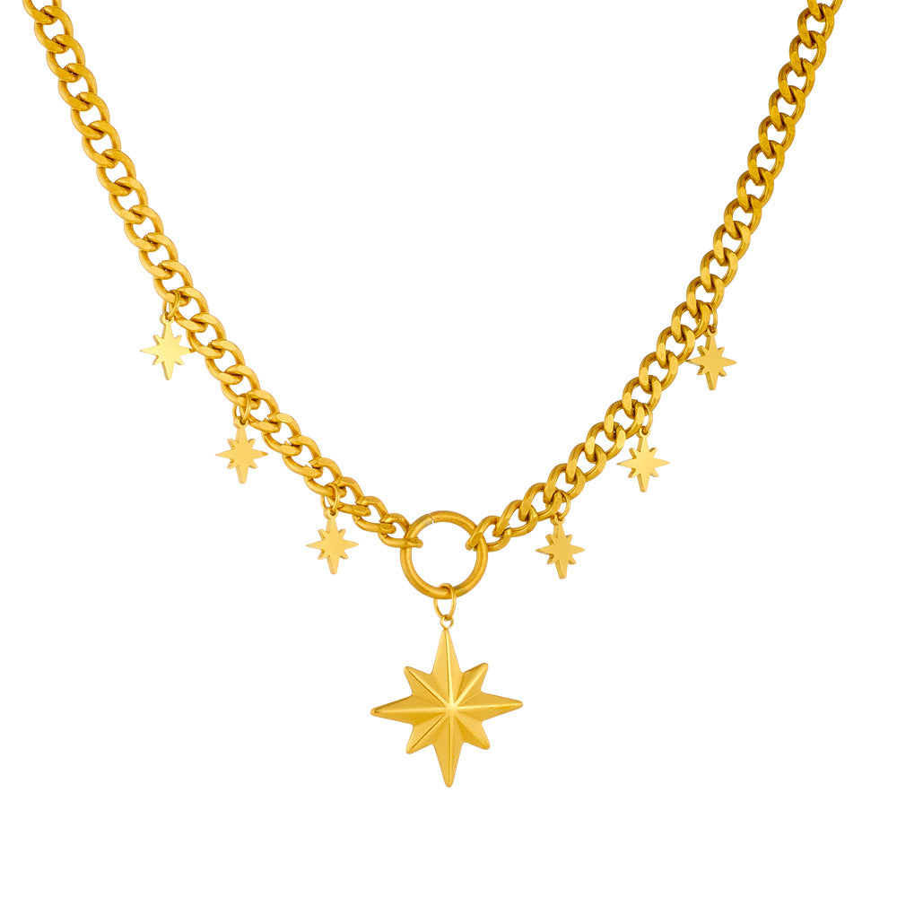Neutral Style Stainless Steel Thick Chain Necklace Star Diamond Wing Sun Pendant Sweater Chain