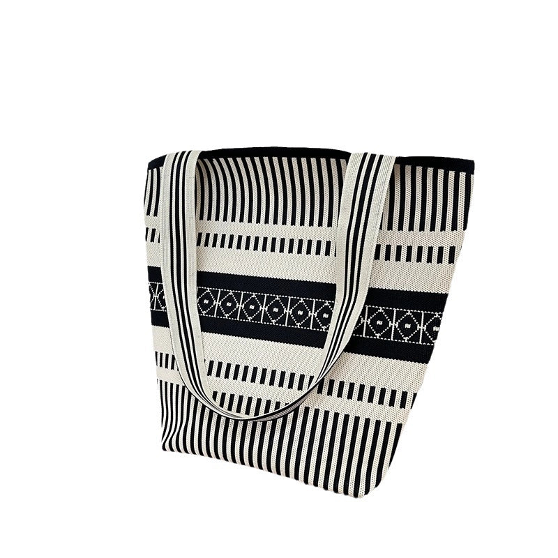 New Niche Retro Black And White Horizontal Solid Stripe Color Matching Shoulder Bag Practical Environmental Protection Portable Underarm Bag Women's Bag
